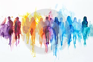 Generative Ai watercolor illustration of a multicolored silhouettes of a group of different people on a white background