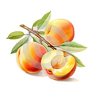 Generative AI watercolor ripe apricot on white background