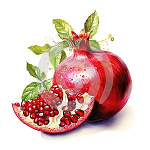 Generative AI watercolor ripe pomegranate on white background