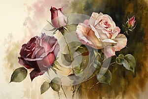 Generative AI. Watercolor Roses composition bouquet in romantic style photo