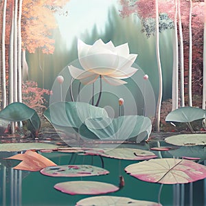 Generative AI:  waterlilly with lotus flower in a calm pond