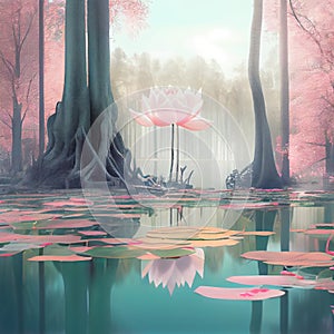 Generative AI:  waterlilly with lotus flower in a calm pond