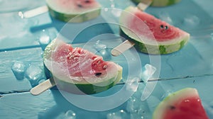 Generative AI Watermelon slice popsicles on a blue rustic wood background business concept.