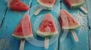 Generative AI Watermelon slice popsicles on a blue rustic wood background business concept.