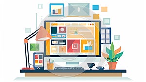 Generative AI Web design company web site concept on computer display Modern flat design website Office desk with