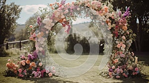 Generative AI, Wedding ceremony boho rustic style arch with flowers and plants