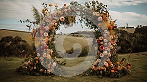 Generative AI, Wedding ceremony boho rustic style arch with flowers and plants