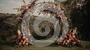 Generative AI, Wedding ceremony boho rustic style arch with flowers and plants