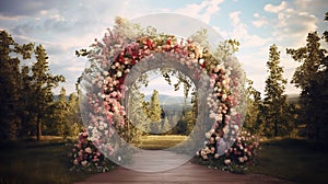 Generative AI, Wedding ceremony boho rustic style arch with flowers and plants