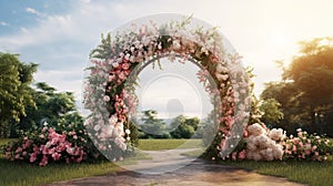 Generative AI, Wedding ceremony boho rustic style arch with flowers and plants