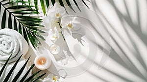 Generative AI wellness and spa composition with towels, candle, tropical leaves and orchid flowers on white backgr