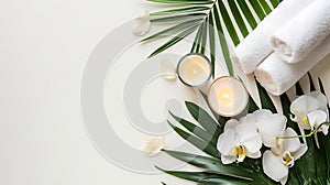 Generative AI wellness and spa composition with towels, candle, tropical leaves and orchid flowers on white backgr