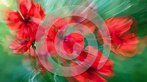 Generative AI Whirling abstract pattern of red flowers with a blurred motion effect against a green background bus