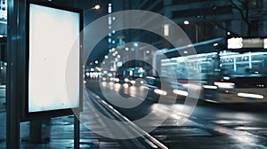 Generative AI White bus stop billboard poster in a station with cars in moving in the background Front view mockup