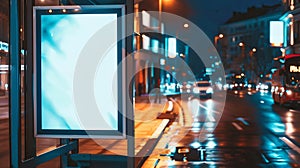 Generative AI White bus stop billboard poster in a station with cars in moving in the background Front view mockup