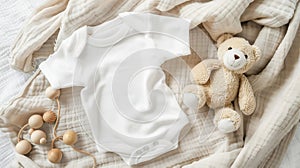 Generative AI White cotton baby short sleeve bodysuit teddy bear and natural wooden toy on beige blanket throw bac