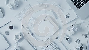 Generative AI White office desk table with a lot of things on it Top view with copy space flat lay business concep