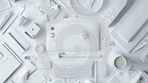 Generative AI White office desk table with a lot of things on it Top view with copy space flat lay business concep