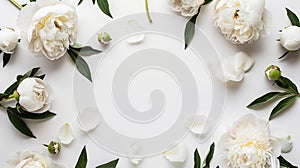 Generative AI white peonies on white background Flat lay Frame wreath business concept.