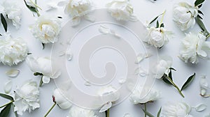 Generative AI white peonies on white background Flat lay Frame wreath business concept.