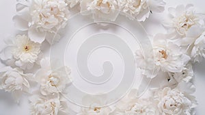 Generative AI white peonies on white background Flat lay Frame wreath business concept.