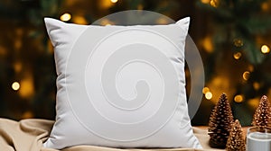 Generative AI, White pillow mockup on Christmas background