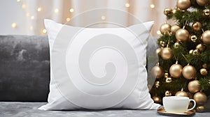 Generative AI, White pillow mockup on Christmas background