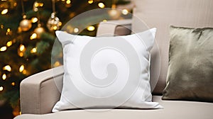 Generative AI, White pillow mockup on Christmas background