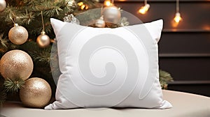 Generative AI, White pillow mockup on Christmas background