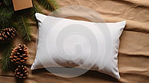 Generative AI, White pillow mockup on Christmas background