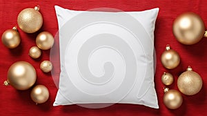 Generative AI, White pillow mockup on Christmas background