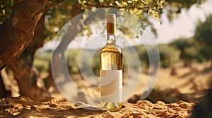 Generative AI, white wine bottle mock up on vineyrad landscape in the sunshine, cope space photo