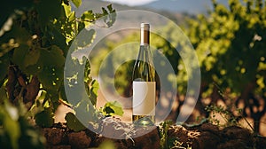 Generative AI, white wine bottle mock up on vineyrad landscape in the sunshine, cope space photo