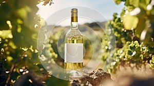 Generative AI, white wine bottle mock up on vineyrad landscape in the sunshine, cope space photo