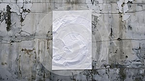 Generative AI White wrinkled poster template Glued paper mockup Blank wheatpaste on textured wall Empty street art