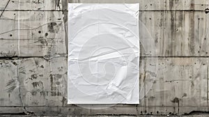 Generative AI White wrinkled poster template Glued paper mockup Blank wheatpaste on textured wall Empty street art