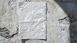 Generative AI White wrinkled poster template Glued paper mockup Blank wheatpaste on textured wall Empty street art