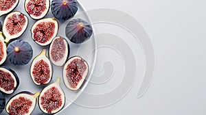 Generative AI Whole figs and fig sliced in half on plate on white background Flat lay top view of fresh ripe slice
