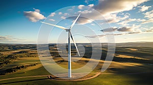 Generative AI, wind turbines in a field, green farm landscape. Environmentally eco-friendly power generation.