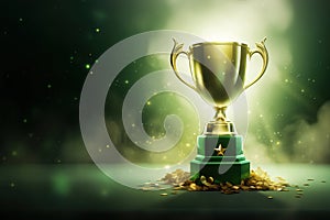 Generative AI, Winner trophy, green golden champion award cup with falling confetti