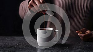 Generative AI A woman adds instant coffee to a white mug on grey stone table Copy space business concept.