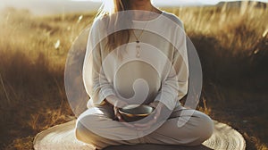 Generative AI, woman doing meditation, aesthetic muted beige