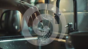 Generative AI Woman filling glass with tap water from faucet in kitchen closeup business concept.