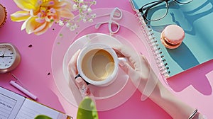 Generative AI Woman hand hold cup of coffee cake macaron clean notebook eyeglasses and flower on pink table from a