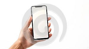 Generative AI Woman hand holding smartphone with blank white screen Phone isolated on white background for mockup