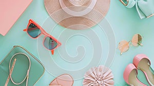 Generative AI Womens accessories items on pastel colors background Summer vacation concept business concept.