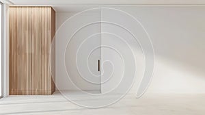 Generative AI wood dressing closet front doorway entrance and white wall with copy space in room minimalist interi