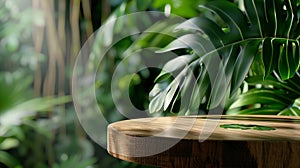 Generative AI Wood podium table top outdoors blur green monstera tropical forest plant nature backgroundBeauty cos