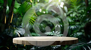 Generative AI Wood podium table top outdoors blur green monstera tropical forest plant nature backgroundBeauty cos