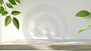 Generative AI Wood podium tabletop floor  blurred green leaf on white wall nature backgroundBeauty cosmetic natura